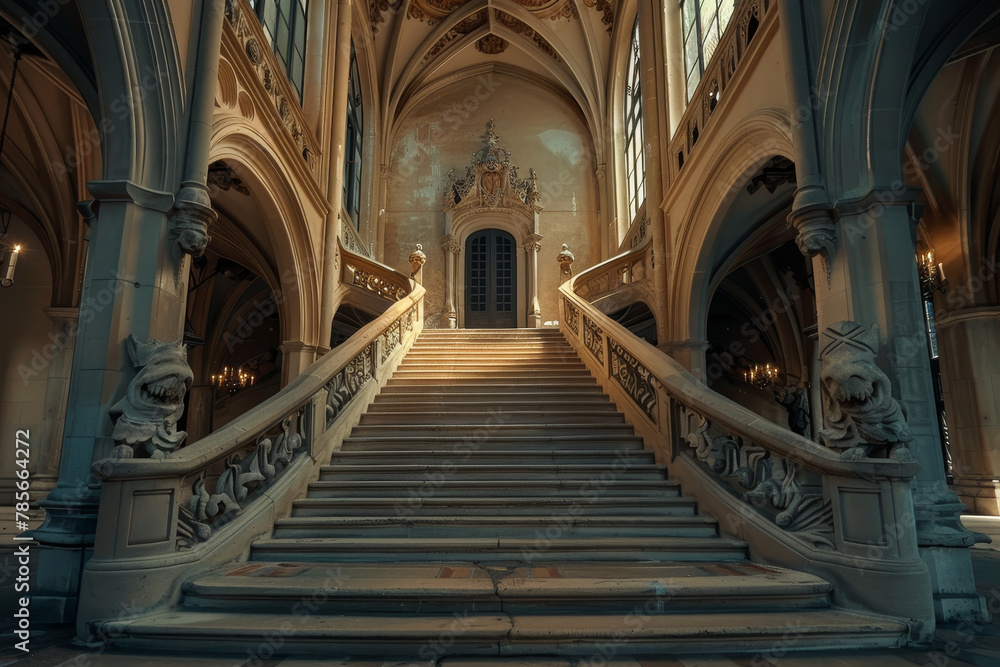 Poster a large, empty staircase in a building with a lot of detail. the building is very old and has a lot 