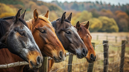 Four horses standing in a field with a wooden fence in the background. The horses are brown and white - obrazy, fototapety, plakaty