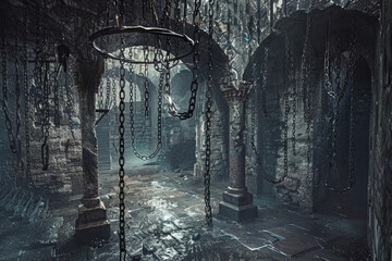 A dark, empty room with chains hanging from the ceiling. The room is dimly lit, giving it a creepy and ominous atmosphere