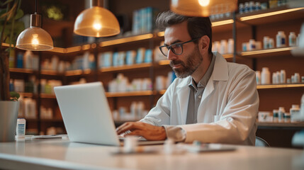 Mature Pharmacist Working on Laptop in Modern Pharmacy