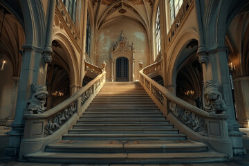 A large, empty staircase in a building with a lot of detail. The building is very old and has a lot of history