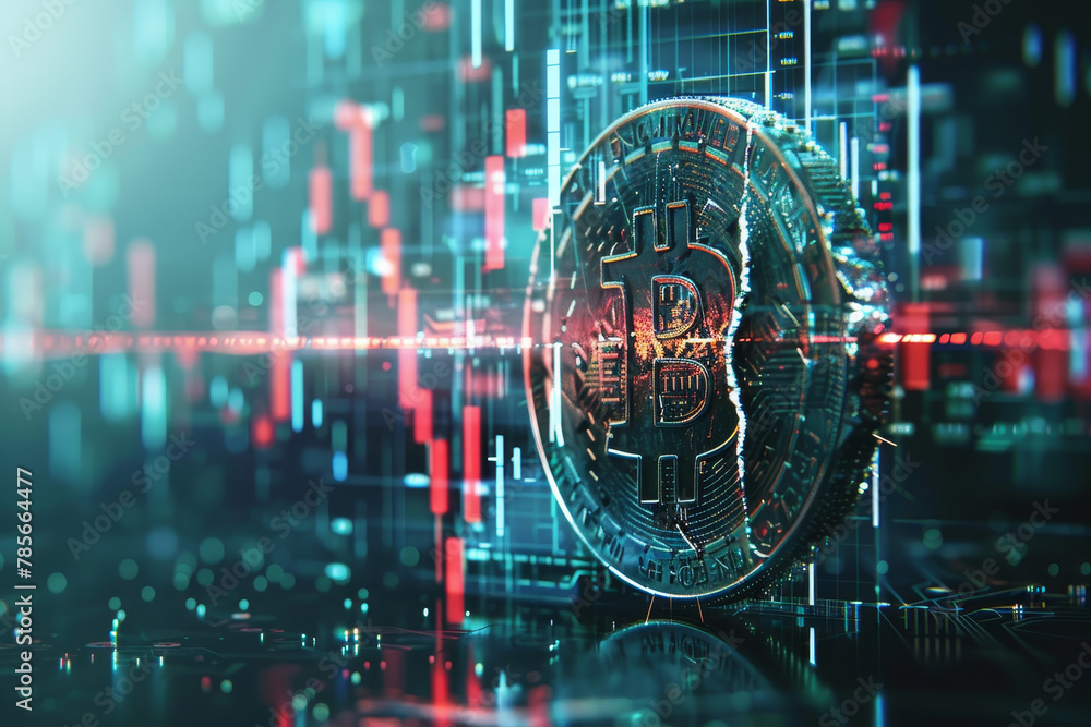Poster a close up of a bitcoin coin with a slash through it. the image has a dark, moody atmosphere with a 