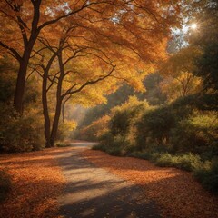 Serene pathway, surrounded by trees with golden leaves, basks in soft glow of autumn sun. Sun peeks through branches, casting intricate shadows that dance on ground. Atmosphere calm.