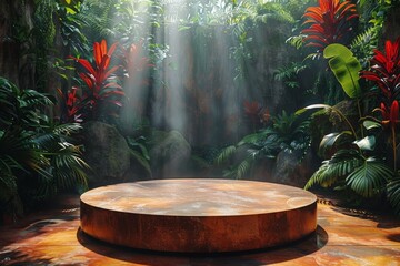 Podium set against vibrant rainforest scenery