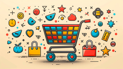 Step into the world of online shopping with this delightful ecommerce flat icon design. Featuring a collection of vibrant vector icons, this illustration captures the convenience and excitement of pur - obrazy, fototapety, plakaty