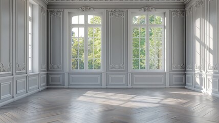 Traditional interior vacant room 3D render,The rooms have white molding, gray walls, wooden floors, and white windows with views of the surrounding countryside.