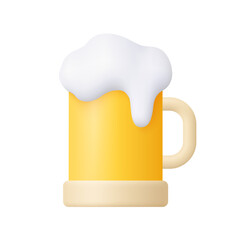 Beer mug with handle and foam. 3d vector icon. Cartoon minimal style.