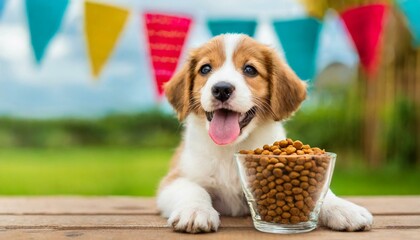 An adorable animal image of a little happy puppy at an outdoor birthday party celebration.