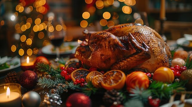 A delicious roast turkey in a beautifully decorated close-up