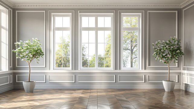 Traditional interior vacant room 3D render,The rooms have white molding, gray walls, wooden floors, and white windows with views of the surrounding countryside.