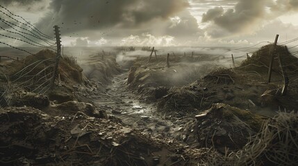 Landscape torn up by war. With holes trenches and barbed wire. - obrazy, fototapety, plakaty