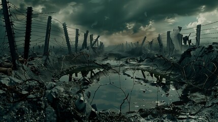Landscape torn up by war. With holes trenches and barbed wire. - obrazy, fototapety, plakaty