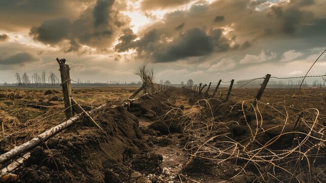 Landscape torn up by war. With holes trenches and barbed wire.