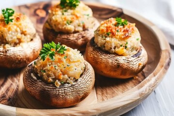 Baked stuffed mushrooms with cheese and herbs served on a circular wooden board.