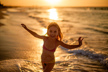 children running in shallow water, happy childhood, summer swimming, shallow water, girl, child,...