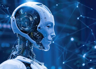 Humanoid robot futuristic tech chatbot assistance, computer mind. Technology abstract glowing background with lines for social networks, data server.