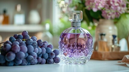 Obraz na płótnie Canvas A beautiful glass bottle with purple eau de toilette stands on the left on a white table