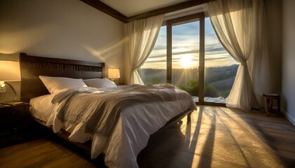 Soft morning light filtering through the curtains, casting a warm glow on a rumpled bed in a serene bedroom setting