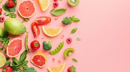Naklejka premium Healthy food, vegetables and fruits, top view