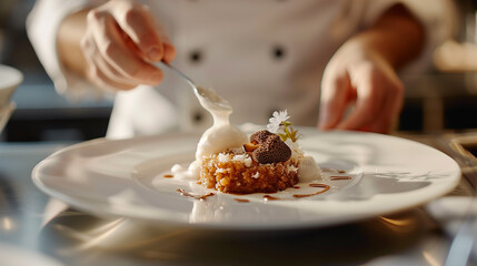 Chef plating dessert with Morel mushroom in a professional kitchen.