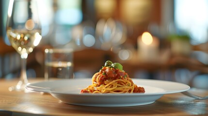 Closeup view of delicious plate of spaghetti on restaurant table