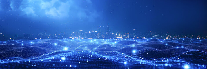 Smart city technology innovation concept, dynamic flowing mesh, cyber space, high tech. Neon illustration background. Business connection, big data, network and global communication.