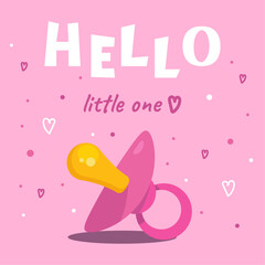 Vector image with word hello little one and baby pacifier on pink background
