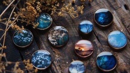 Handcrafted Jewelry With Nature-Inspired Designs Displayed on Wood
