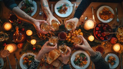 cropped top above high angle image of family members, acquaintances, and servers gathered around a table with clinking glasses nighttime festivities in November according to custom
