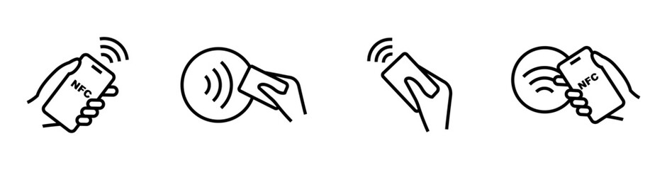 NFC payment icon set. Contactless wireless pay sign. NFC technology icon. Credit card nfc payment. Editable stroke. Vector line icon.