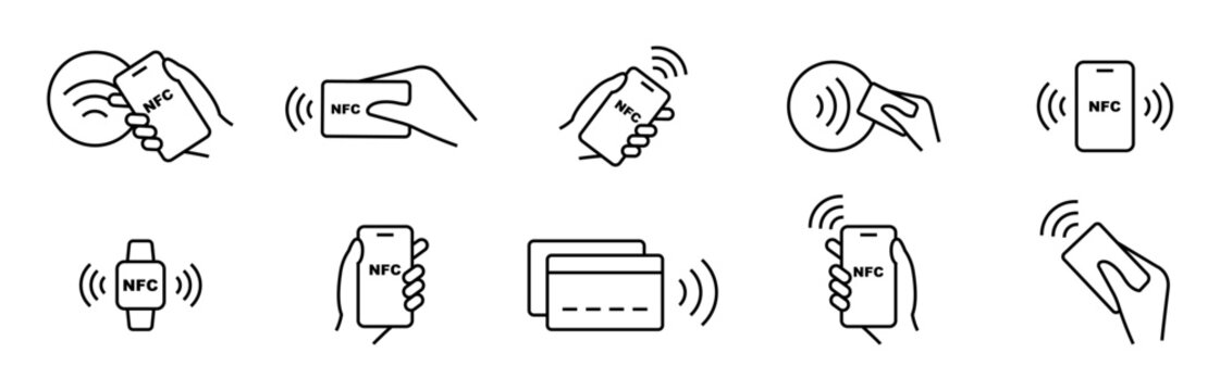 NFC payment icon set. Contactless wireless pay sign. NFC technology icon. Credit card nfc payment. Editable stroke. Vector line icon.