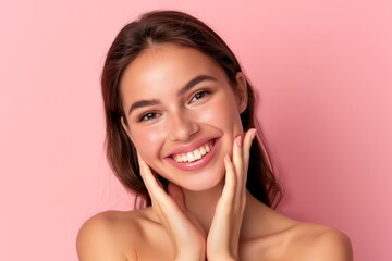 Joyous young woman with hands on face