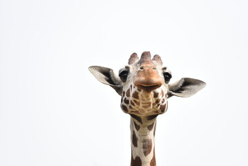 Portrait of a giraffe on a light background. Animal photography, African herbivore.