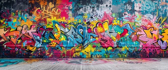 A colorful wall with graffiti on it. The graffiti is in different colors and shapes. The wall is a blank canvas for artists to express themselves