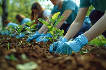 A group of people are planting trees in a field. Concept of community and environmental responsibility