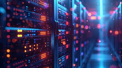 A computer server room with many servers and lights. The lights are orange and blue. The room is very bright and colorful