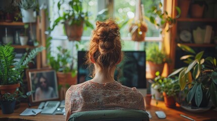 Woman Sitting at Desk With Plants in Background - 785666094