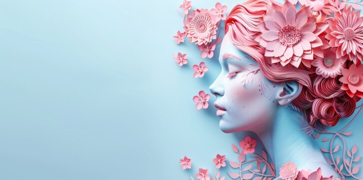 A woman's face is surrounded by pink flowers. The flowers are arranged in a way that makes the woman's face look like a flower. The image has a soft and delicate mood, and it seems to be a work of art