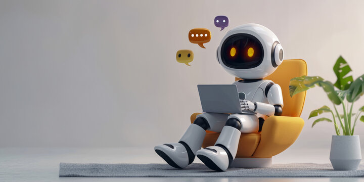 A robot is sitting on a chair and using a laptop. The robot is surrounded by several chat bubbles, which suggest that it is engaged in a conversation or is communicating with someone