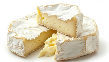 Pieces of tasty Camembert cheese on white background