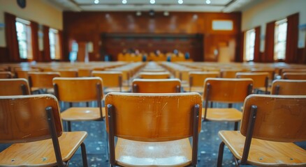 A classroom with empty chairs and a projector. The chairs are arranged in rows and the projector is on the wall. The room is empty and quiet, giving off a sense of emptiness and loneliness