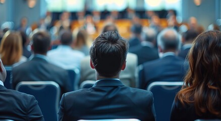 A man in a suit is sitting in a crowded room. The room is filled with people wearing suits and ties. The man is looking at something, but it is not clear what he is looking at