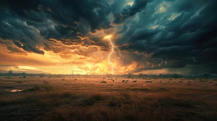 Fotobehang A vivid artwork of an African savannah scene, where the tranquility of a sunset is contrasted with the powerful drama of an approaching thunderstorm. Resplendent. © Summit Art Creations