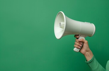 A person is holding a microphone and pointing it at a green wall. Concept of excitement and anticipation, as if the person is about to make a big announcement or perform in front of an audience