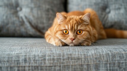 Adorable orange-eyed red Scottish fold cat curled up on a sofa.