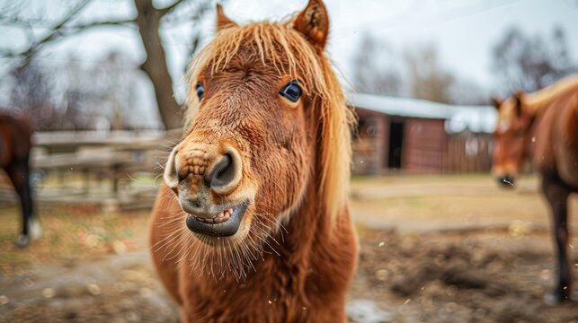 Portrait funny a little horse laugh smiling at a zoo. AI generated image