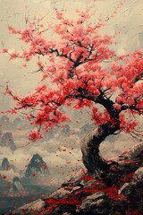 A vibrant painting of a cherry blossom tree with a picturesque mountainous backdrop.
