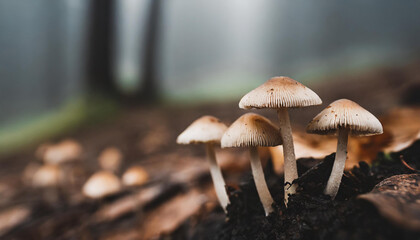 Close-up of group of little fresh mushrooms growing in fall rainy forest. Autumn season