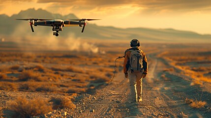 A man strolls on a dirt road with a drone flying above in the sky - obrazy, fototapety, plakaty