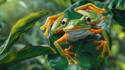Portrait funny flying frog on sitting leaves at tropical rainforest. AI generated image - obrazy, fototapety, plakaty